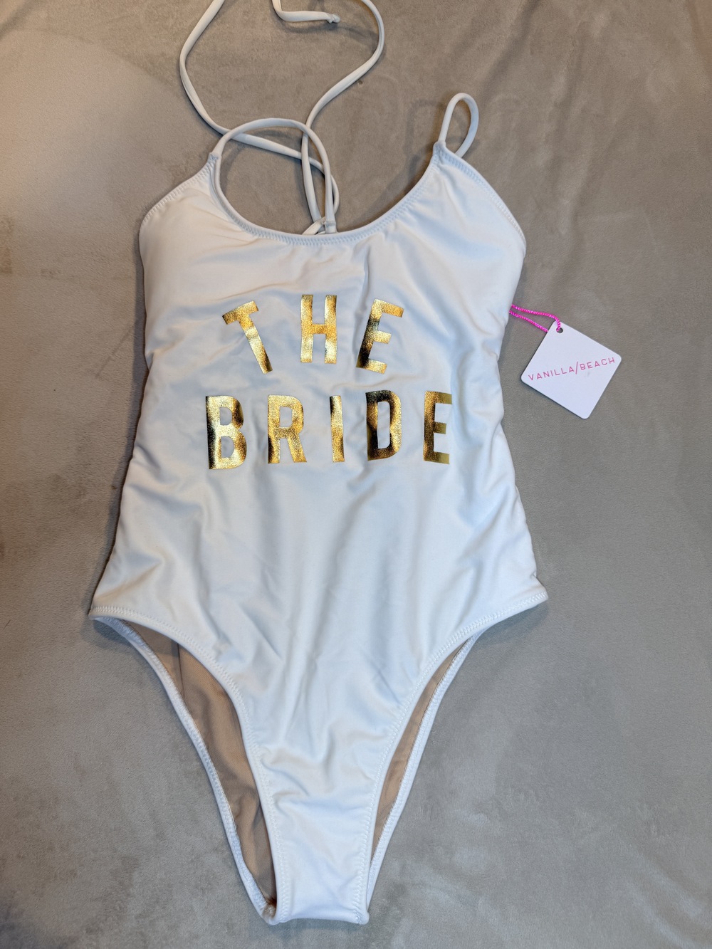 The Bride bathing suit, brand new, honeymoon, bacholerette, white and gold